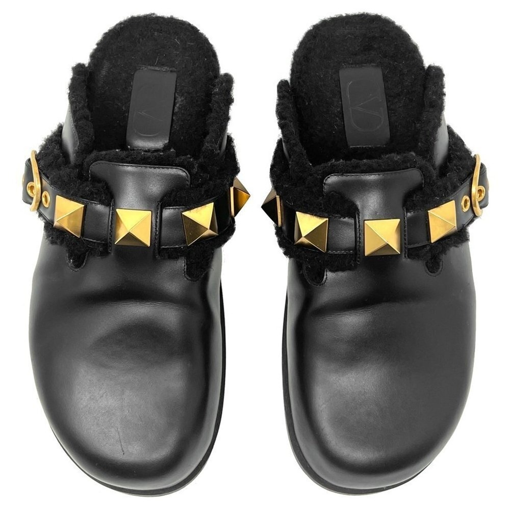 Valentino Roman Stud Mules Black Leather Shearling Flats 37.5 - Picture 3 of 10